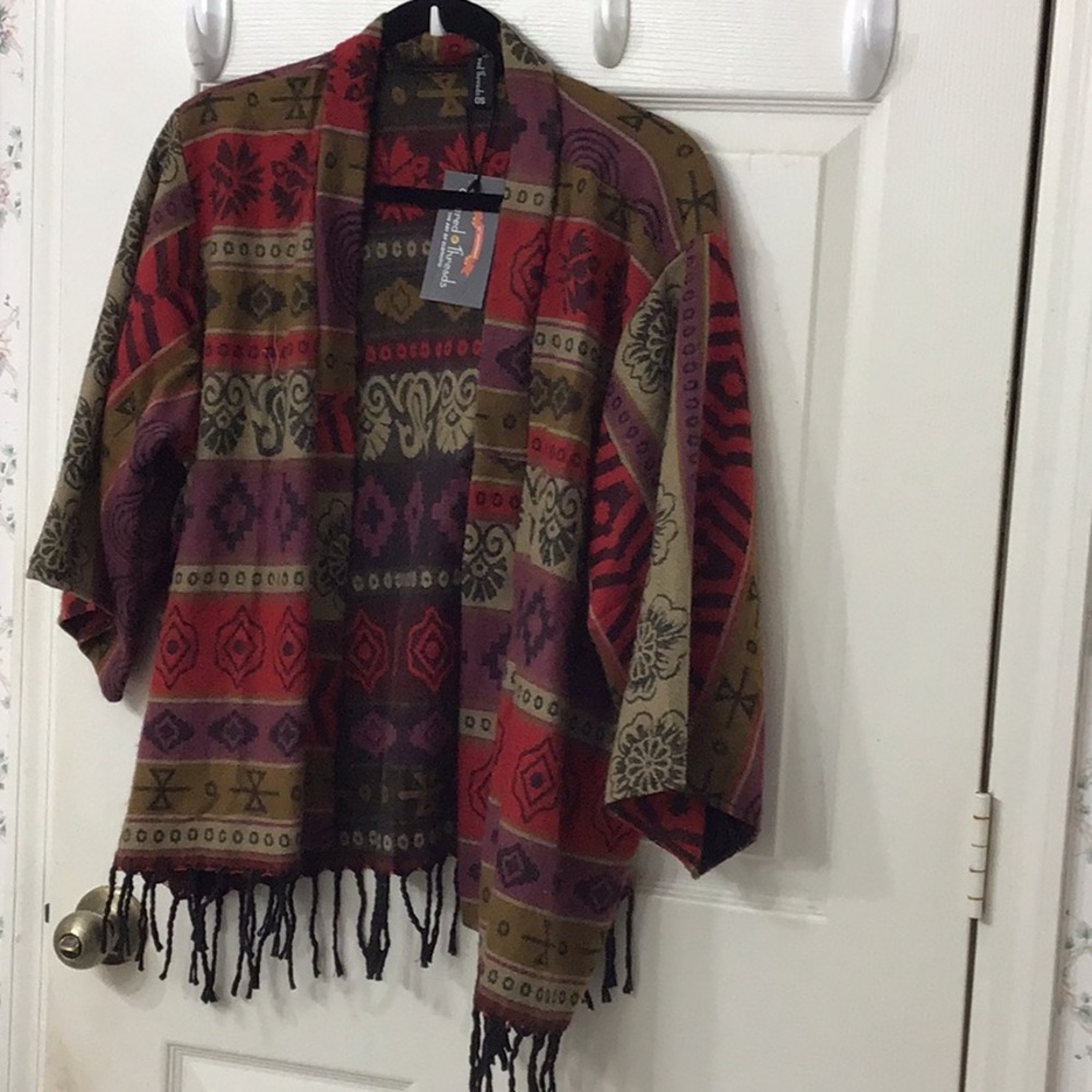 Sacred Threads new kimono style fringed jacket red w/ eclectic print design. O/S